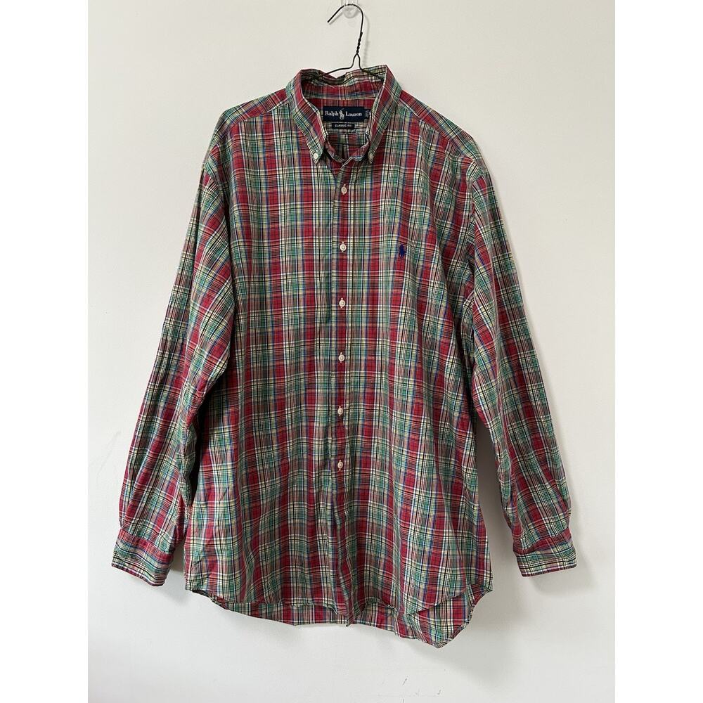 Ralph Lauren Mens Large Button Down Shirt Red Green‎ Plaid Tartan Flannel Pony